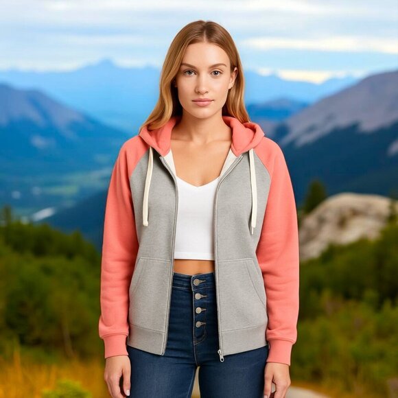 πZenana Colorblock Coral Grey Zip Hoodie XS Women or Girls 14/16 Comfy Fit - Picture 4 of 10